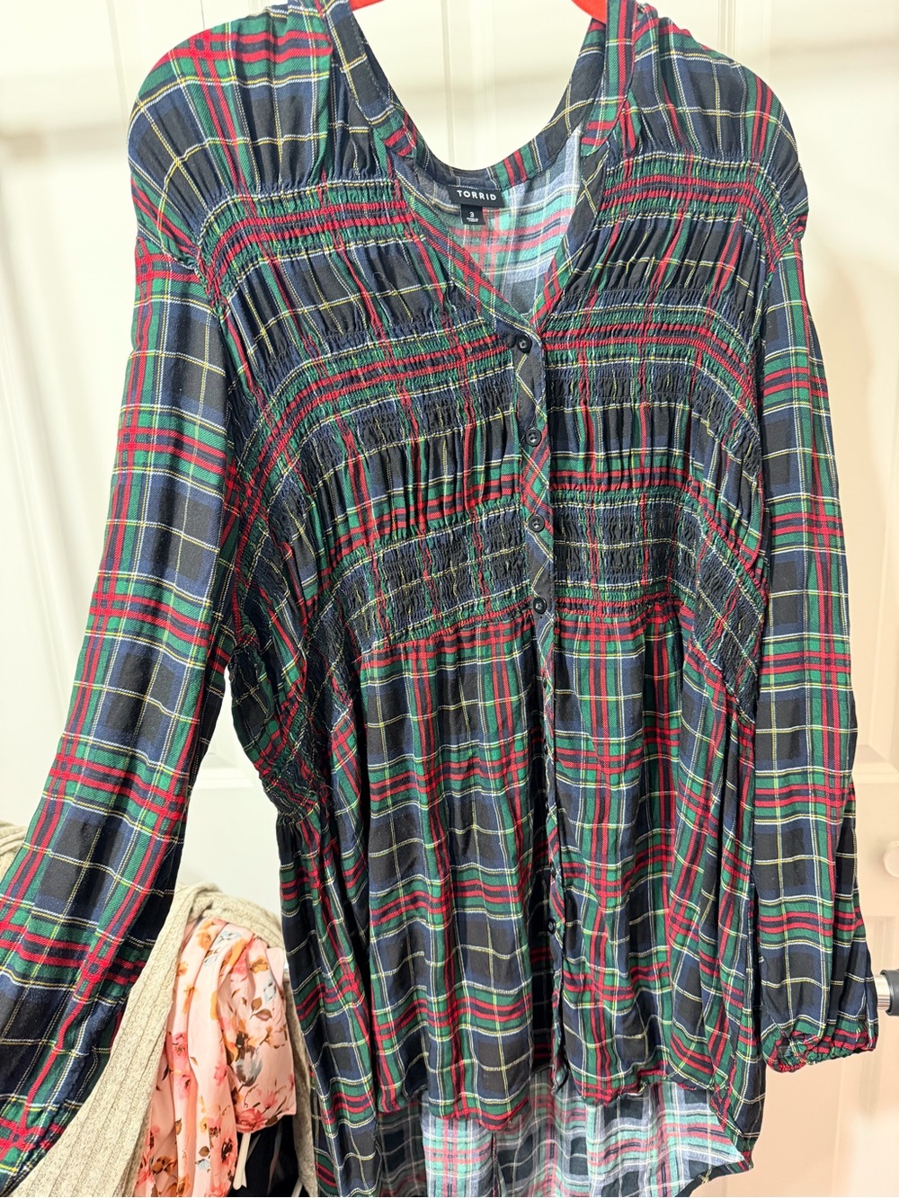 torrid Navy Plaid Smocked Button-Front Tunic with Red and Green